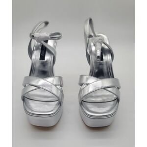 Dumjey Silver Platform Heels Ankle Strap Strappy Sandals Metallic High Heel 5.5